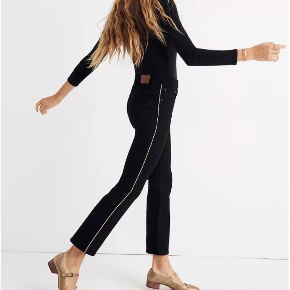 Madewell Cali Demi-Boot Black Jeans Gold Piping 25